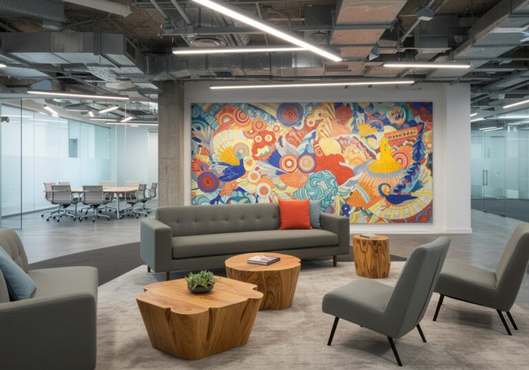 A large, vibrant abstract collage wall mural featuring intricate patterns and birds, installed in a modern industrial-style office lounge.