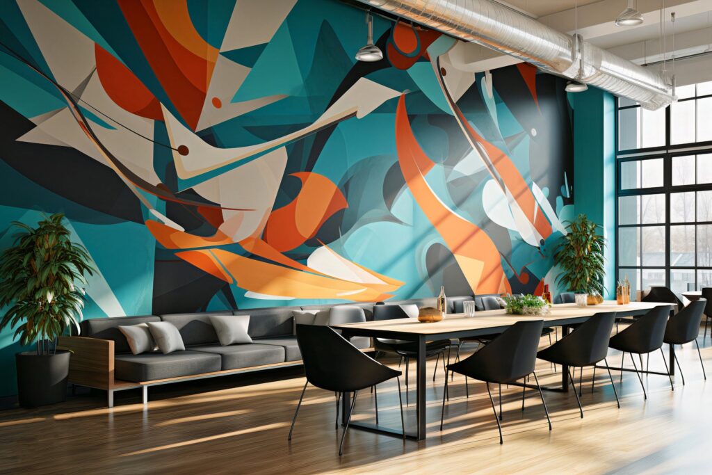 Dynamic teal and orange abstract geometric feature wall providing a creative backdrop for a corporate cafeteria and collaboration zone.