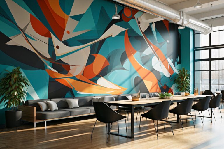 Dynamic teal and orange abstract geometric feature wall providing a creative backdrop for a corporate cafeteria and collaboration zone.