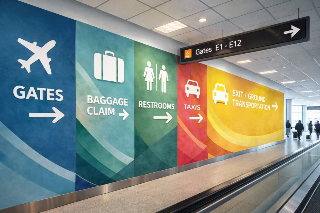 Color-coded directional wall graphics and overhead signage guiding passengers to gates, baggage claim, restrooms, and ground transportation in an airport terminal.