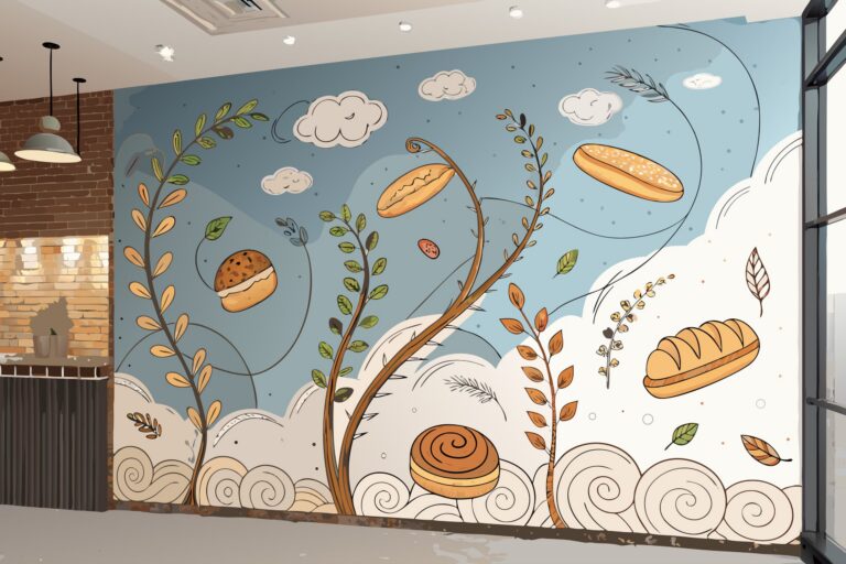 Whimsical custom wall illustration featuring floating breads and wheat stalks for a bakery or commercial dining environment.