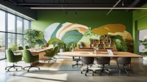 A custom-contoured biophilic wall graphic depicting a green landscape, integrated with indoor plants in a modern collaboration space.