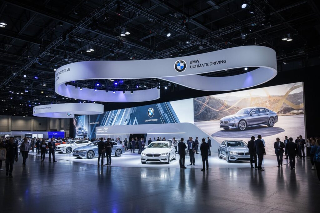 A high-impact brand installation in a BMW showroom, featuring large-scale architectural wall graphics and integrated corporate branding.