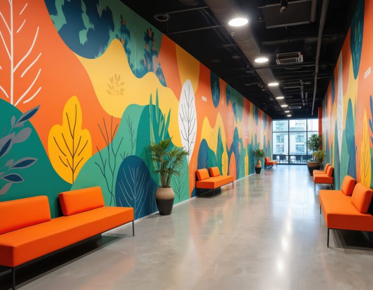 An illustrative, nature-inspired wall mural with stylized trees and hills lining a long corporate hallway with orange benches.