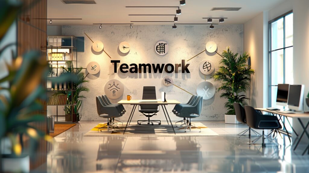 Dimensional black "Teamwork" wall lettering and icon graphics installed on a textured feature wall in a collaborative office space.