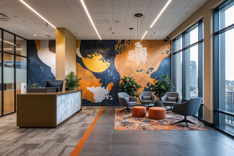 A high-contrast, gold and navy textured abstract wall mural creating a sophisticated backdrop for a corporate reception desk.