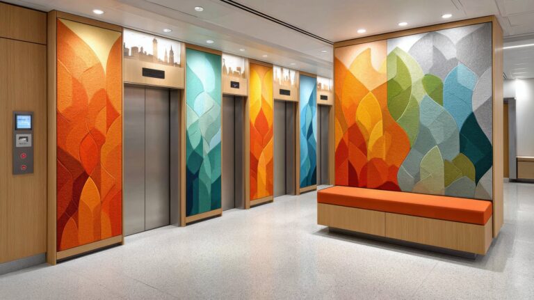 Geometric textured acoustic wall panels in warm and cool tones framing elevator doors in a professional corporate lobby.