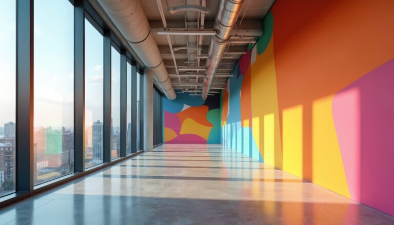 High-impact color-block wall wrap in orange, yellow, and pink brightening a modern corridor with panoramic city views.