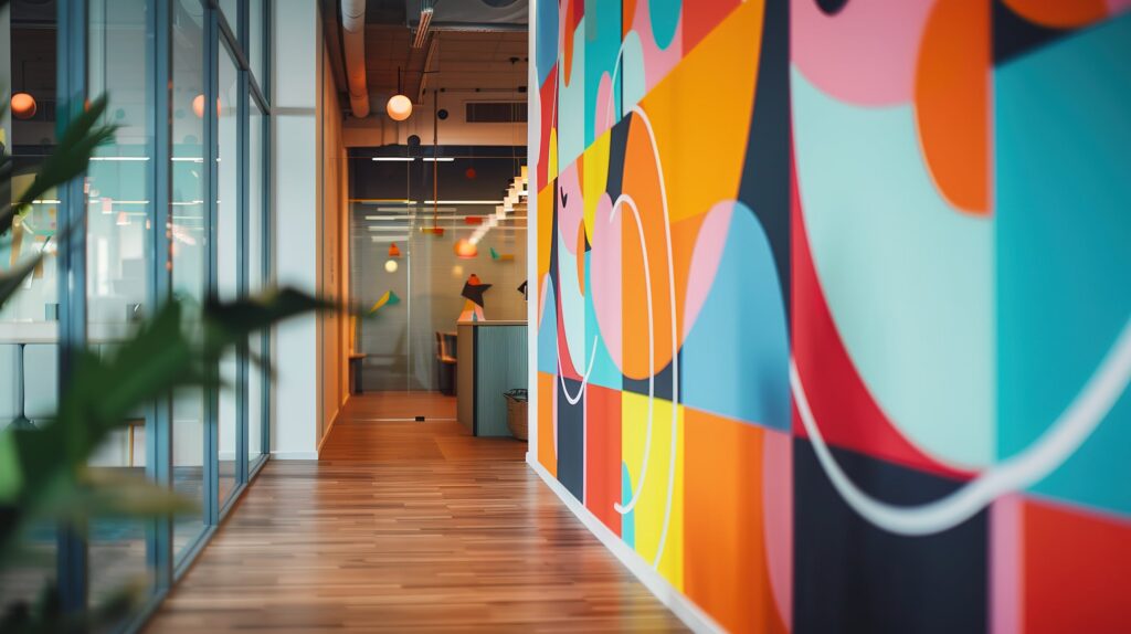 A long office corridor featuring a vibrant, multi-colored abstract mural that reinforces a creative corporate brand environment.