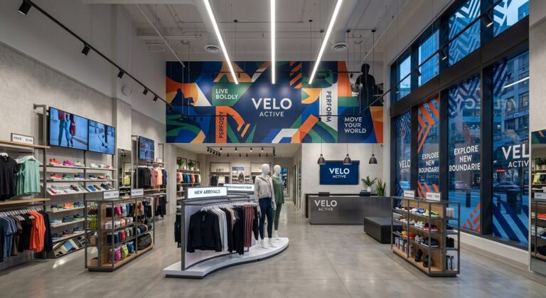 Modern retail store interior featuring large wall murals and window graphics