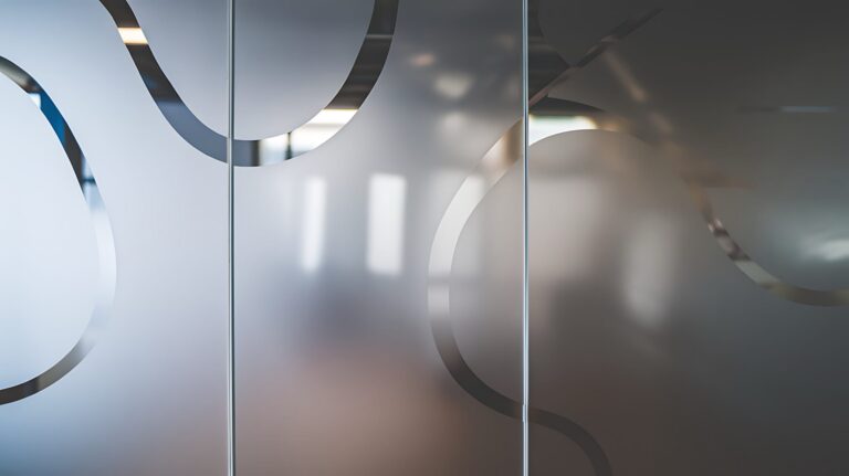Decorative etched glass film with an organic abstract pattern applied to office partitions for balanced privacy and natural light.