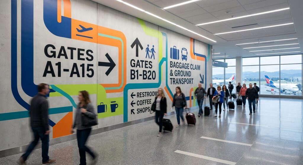 Large format directional wall graphics in an airport terminal using color-coded paths to guide passengers to gates, baggage claim, and ground transport.