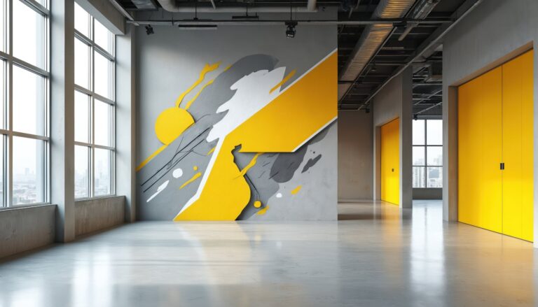 Modern industrial office interior featuring a large-scale yellow and grey abstract geometric wall graphic on a concrete surface, complemented by matching yellow accent doors and large floor-to-ceiling windows.