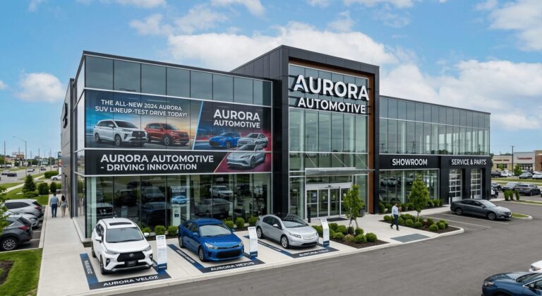 Modern automotive dealership exterior featuring large-format branded storefront window graphics and dimensional building signage for Aurora Automotive.
