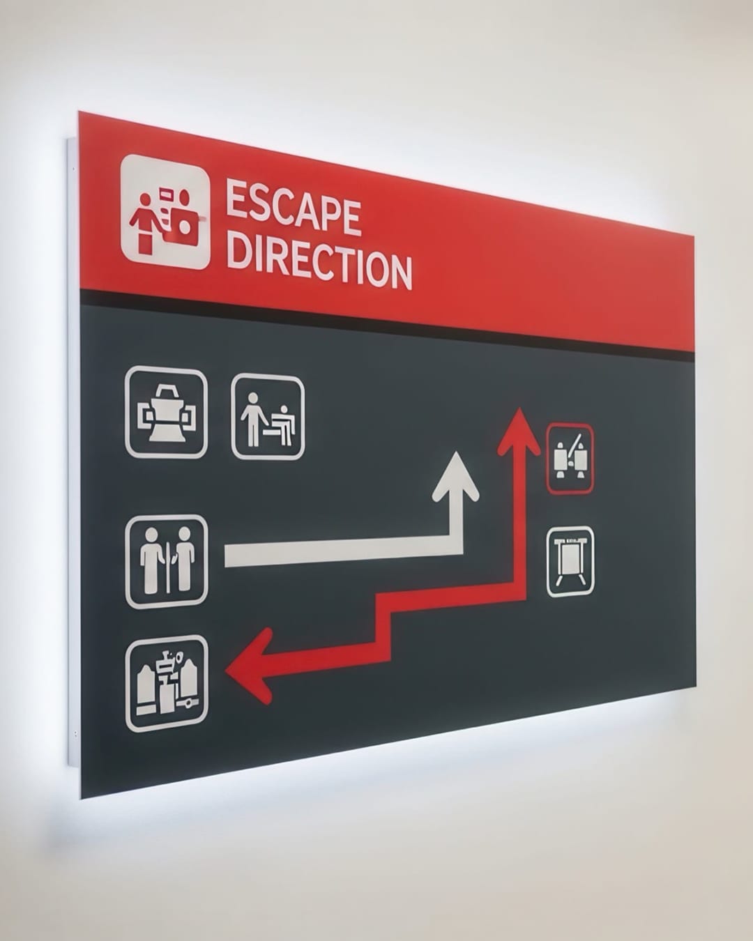 A custom fabricated backlit escape direction sign providing clear emergency wayfinding and directional arrows within a commercial office corridor.