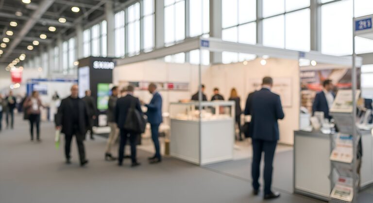 A blurred interior view of a busy trade show or convention hall with people networking around white exhibition booths under bright, natural light from large windows.