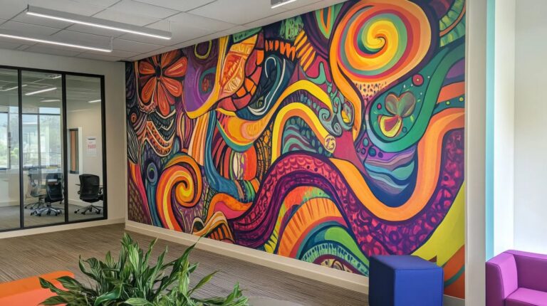 A vibrant, large-scale abstract wall mural with swirling psychedelic patterns in purple, orange, and yellow, decorating a modern office lounge area next to a glass-walled conference room.