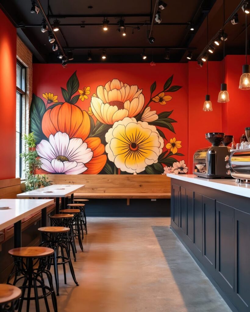 Bright orange and white floral wall mural in a coffee shop setting, highlighting custom environmental graphics for hospitality spaces.