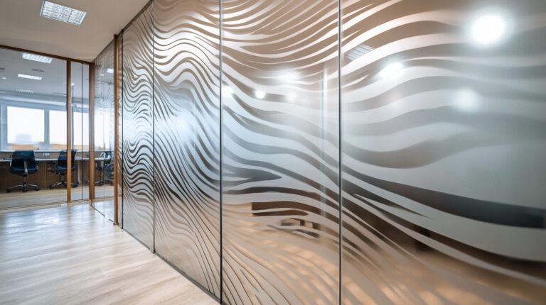Frosted window film with a custom horizontal wave pattern applied to floor-to-ceiling glass office partitions.