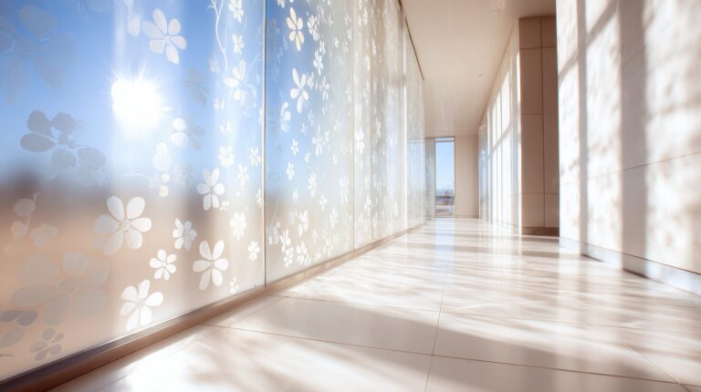 High-clarity decorative etched glass film featuring a white floral pattern installed along a sunlit corporate corridor.