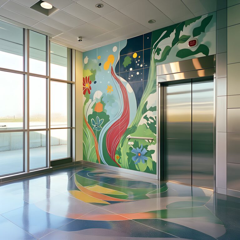 A bright modern elevator lobby featuring a nature-inspired wall mural and matching floor graphics with abstract floral and leaf patterns in green, blue, and red.