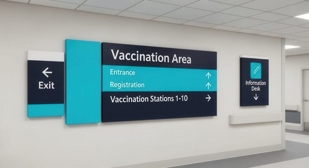 A professional healthcare wayfinding system for a vaccination area featuring color-coded room identification and directional signage for entrances and registration.