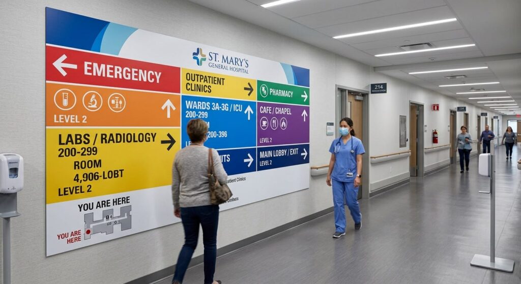 A comprehensive color-coded hospital wayfinding mural for St. Mary’s General Hospital, integrating directional graphics for emergency, labs, and clinics directly into the architecture.