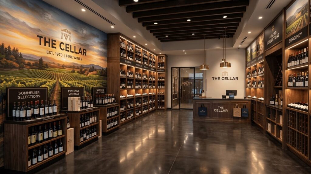Interior of a luxury wine shop featuring a large-scale architectural wall mural of a vineyard and custom-fabricated branded elements for The Cellar.