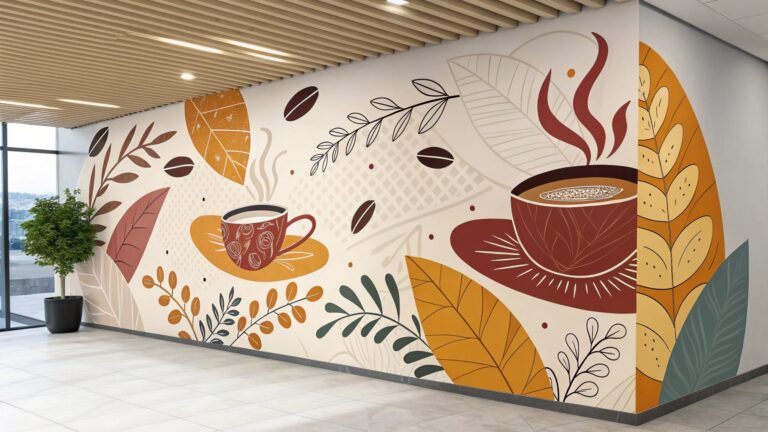 A large modern wall mural in a bright office or cafe hallway featuring stylized coffee cups, coffee beans, and autumn-colored botanical leaves in shades of terracotta, ochre, and cream.