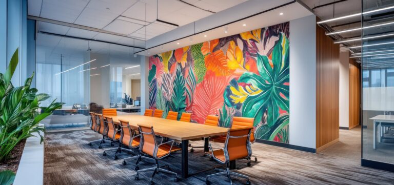 A bright, modern executive conference room featuring a large vibrant botanical wall mural with colorful tropical leaves, orange leather chairs, and a long wooden meeting table.