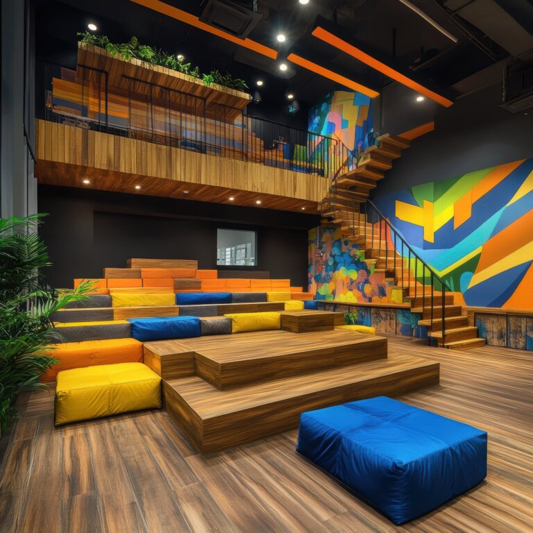 Vibrant multi-level creative workspace featuring a large colorful abstract mural, tiered wooden seating with primary-colored cushions, and a wooden staircase.