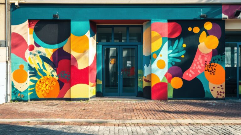 The exterior storefront of a building featuring a vibrant, multi-colored abstract mural with organic shapes in red, yellow, and blue surrounding a set of dark blue double doors.