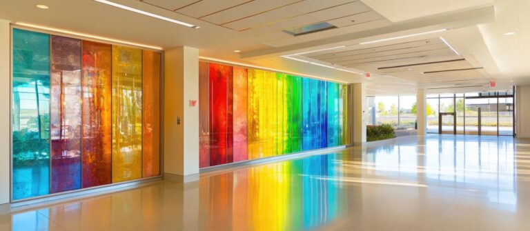 vibrant multi-colored rainbow gradient glass film installation in a corporate lobby, creating an immersive branded environment.