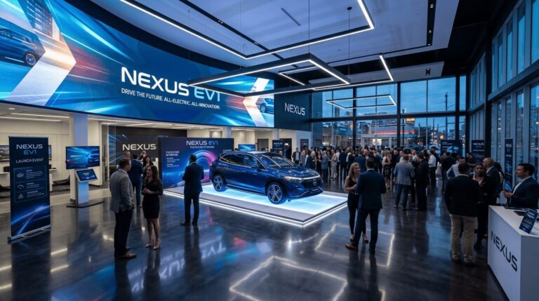 High-impact brand installation for a Nexus EV vehicle launch event, featuring large-scale architectural wall graphics and immersive experiential branding.
