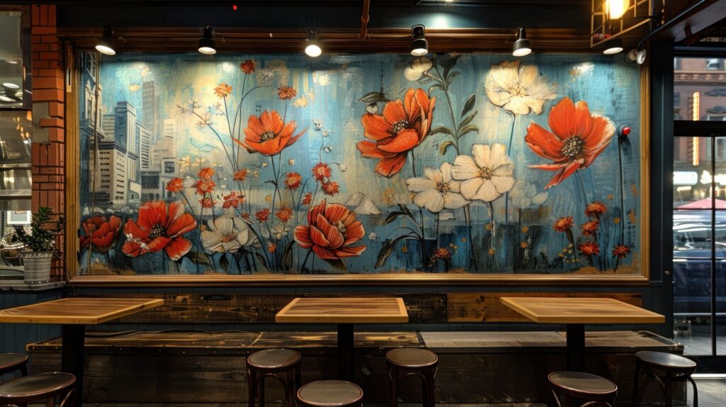 A vibrant floral wall mural in a restaurant retail environment featuring large-scale orange and white poppies against a blue cityscape backdrop.