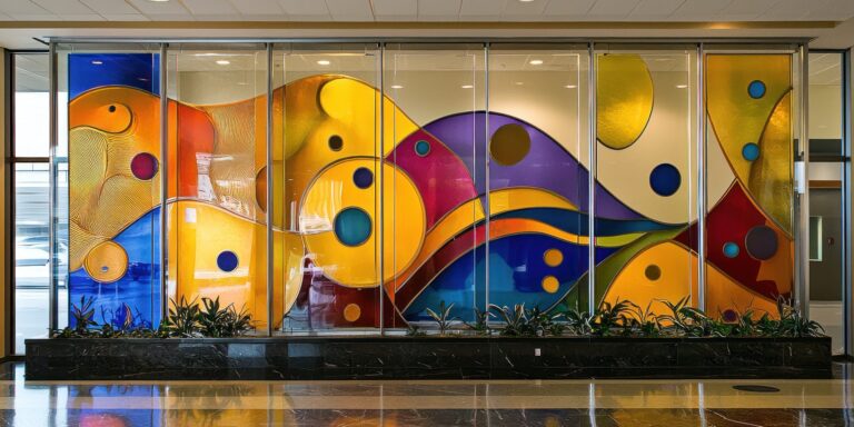 A vibrant, multi-colored decorative glass film installation featuring abstract geometric shapes and circles, designed to create a stained-glass effect for a corporate lobby or branded environment.