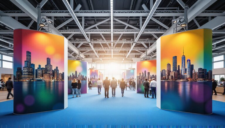 A large trade show exhibition hall featuring multiple curved display booths with vibrant illuminated cityscape graphics, blue carpeting, and people walking through the event space.