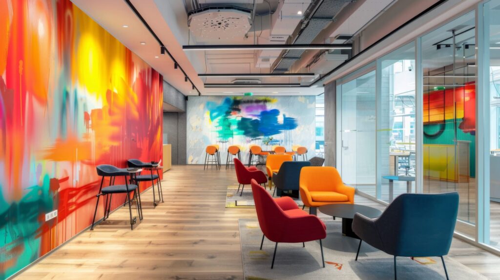 A vibrant corporate lounge featuring multi-colored abstract wall graphics and a glass partition with decorative window film for a cohesive brand experience.