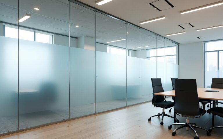 A wide horizontal band of frosted privacy film applied to clear glass office walls, maintaining an open feel while zoning work areas.