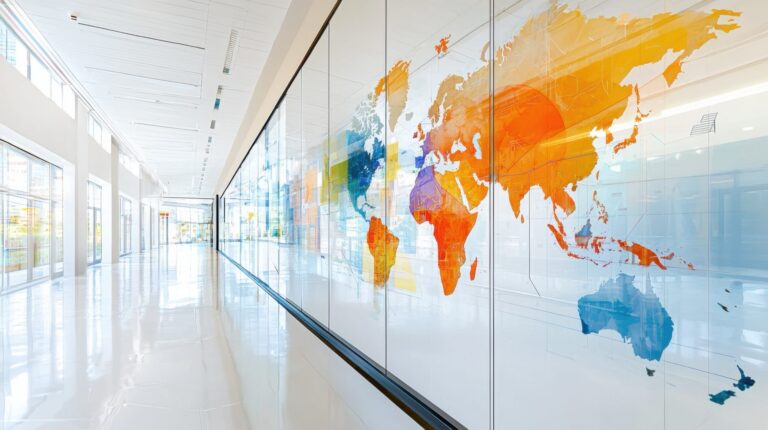 A large-scale, vibrant multi-colored world map printed on optically clear architectural glass film, installed across a long office corridor to reinforce corporate culture and workplace branding.